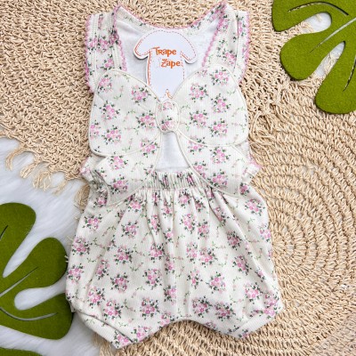 Banho de Sol Bordado - Laço com Flores Delicadas - Areia